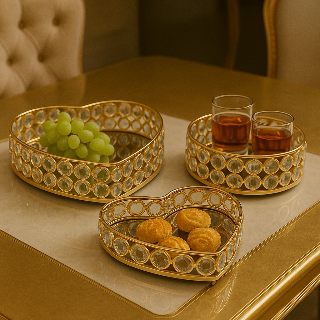 Set of 3 Elegant Gold Heart-Shaped Trays with Crystal Accents - Decorative Nesting Dishes