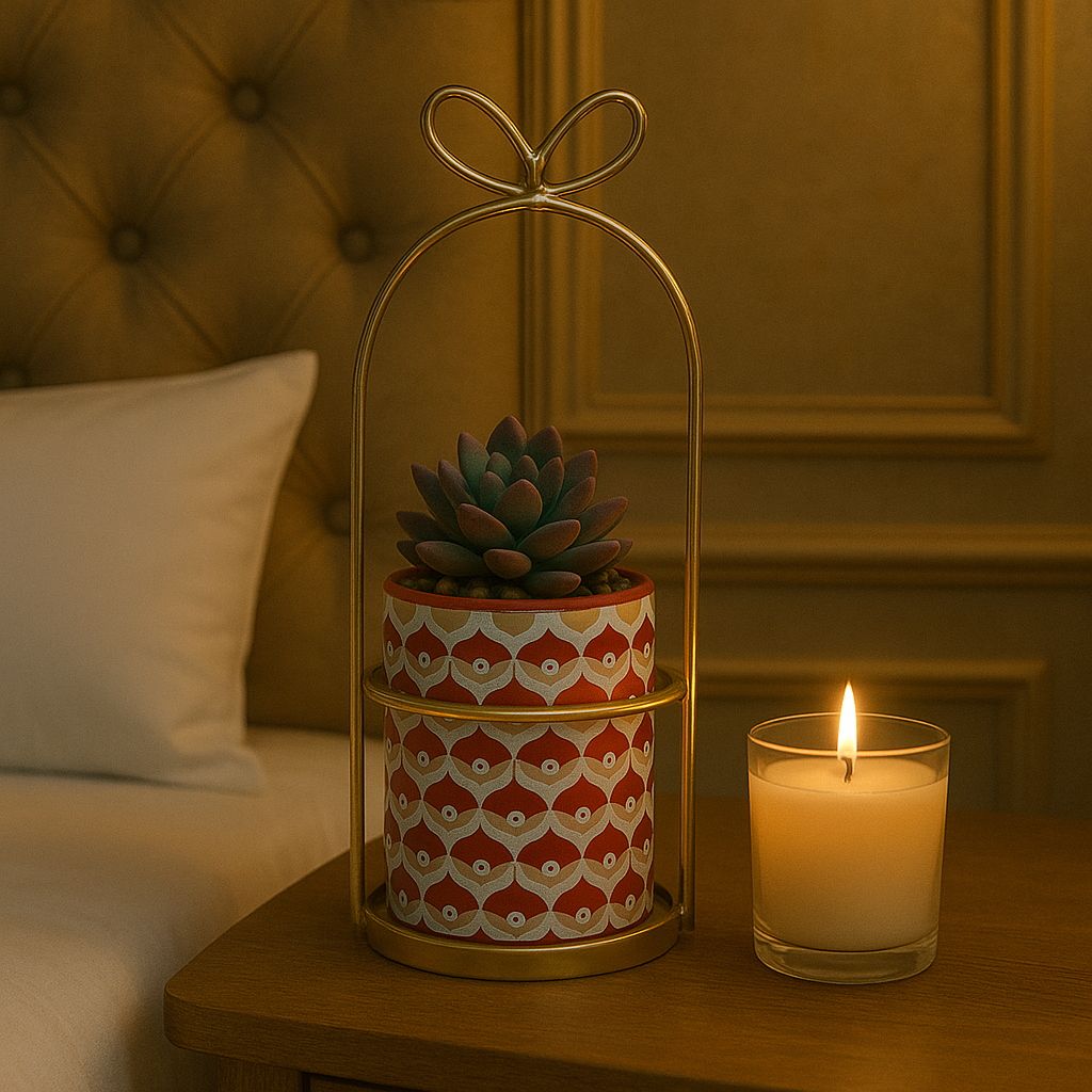 Modern Geometric Planter with Gold Metal Stand & Faux Succulent