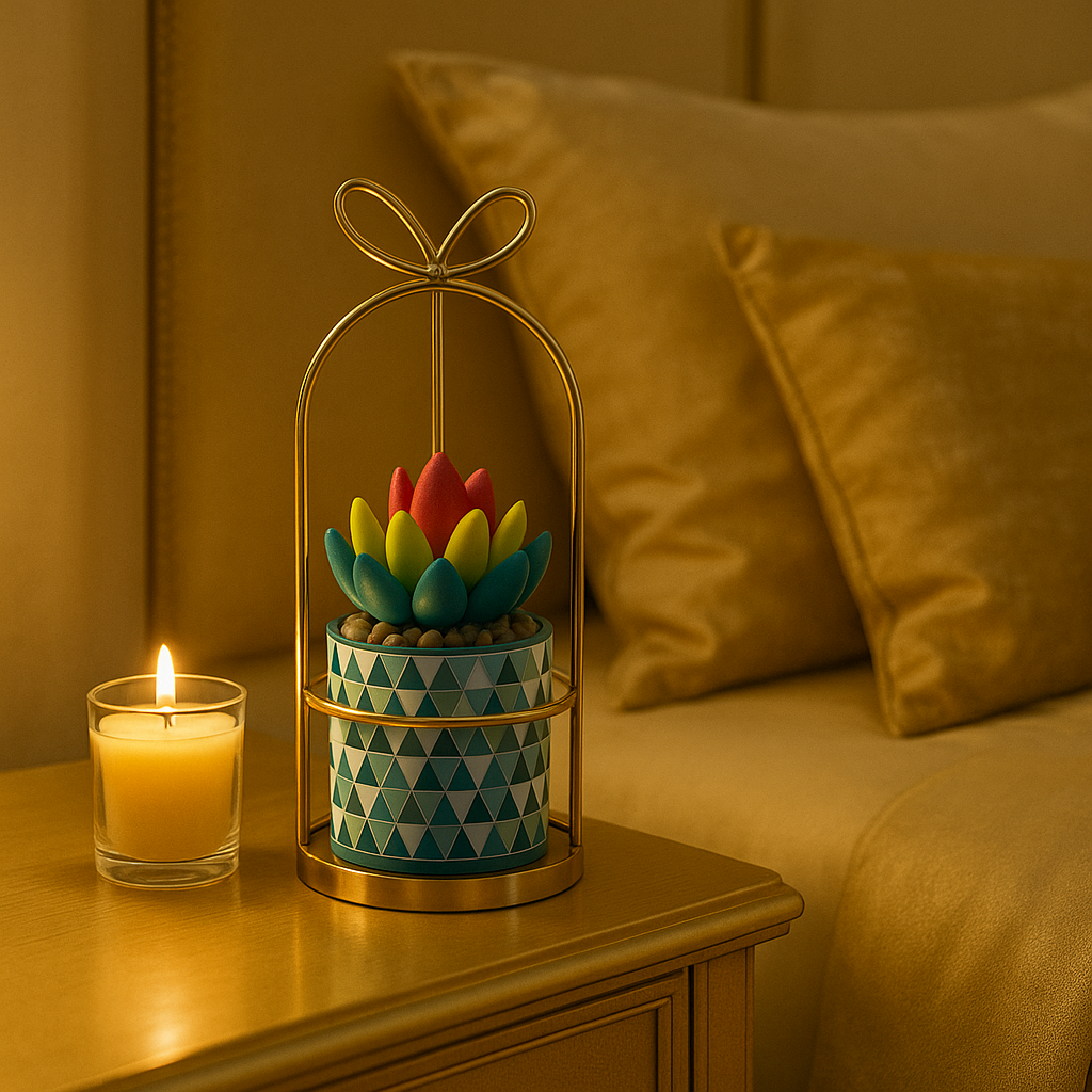 Modern Geometric Planter with Gold Metal Stand & Faux Succulent