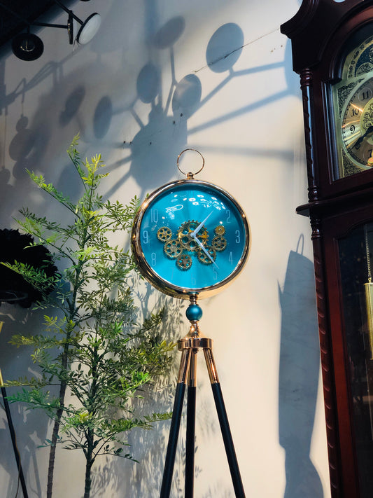 Modern Tripod Floor Clock with Exposed Gear Design