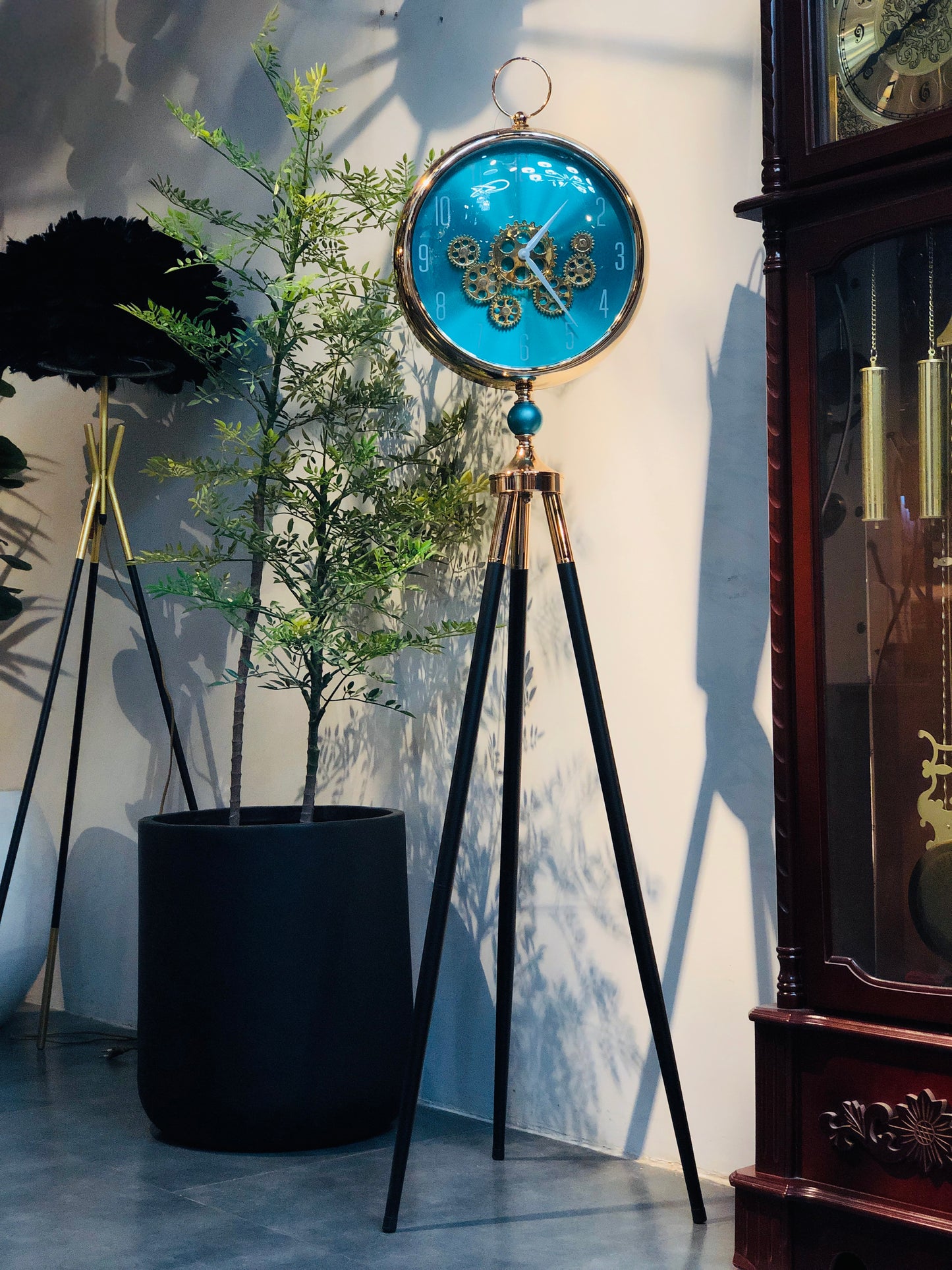 Modern Tripod Floor Clock with Exposed Gear Design