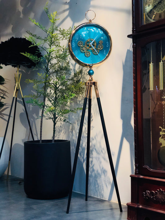 Modern Tripod Floor Clock with Exposed Gear Design