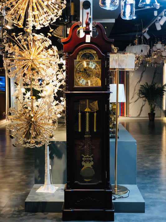 Classic Dark Wood Grandfather Clock with Ornate Dial