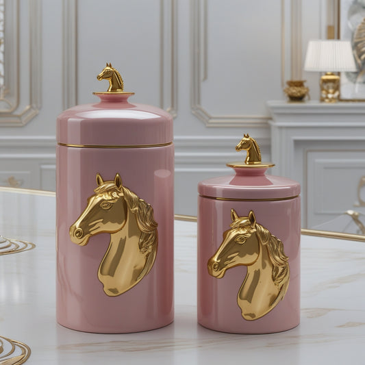 Set of 2 Elegant Pink Ceramic Decorative Jar with Sculpted Gold Horse Head Accents