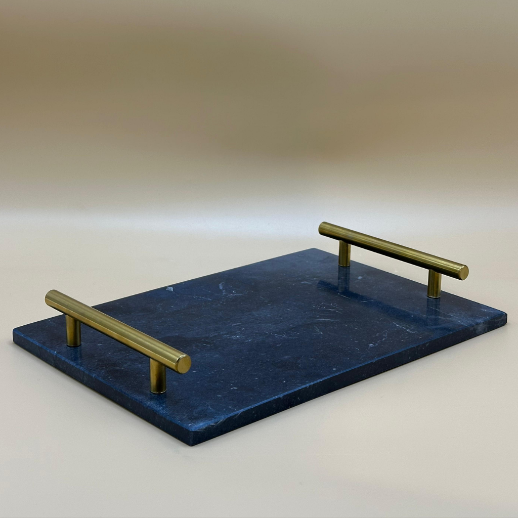 Sophisticated Black Marble Rectangular Serving Tray with Golden Handles - Modern Home Decor