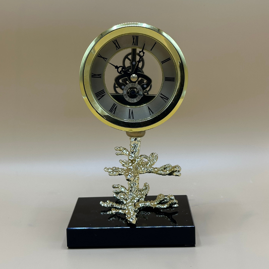 Vintage Brass Skeleton Table Clock with Unique Coral/Branch Base - Roman Numerals Timepiece