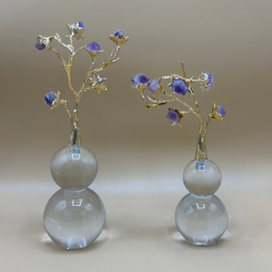 Enchanted Golden Branch Decor with Amethyst Crystal Flowers - Clear Orb Base Sculpture Set