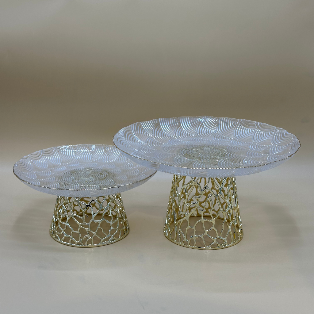 Elegant Wavy Textured Glass Cake Stands with Golden Filigree Base - Dessert Display Set