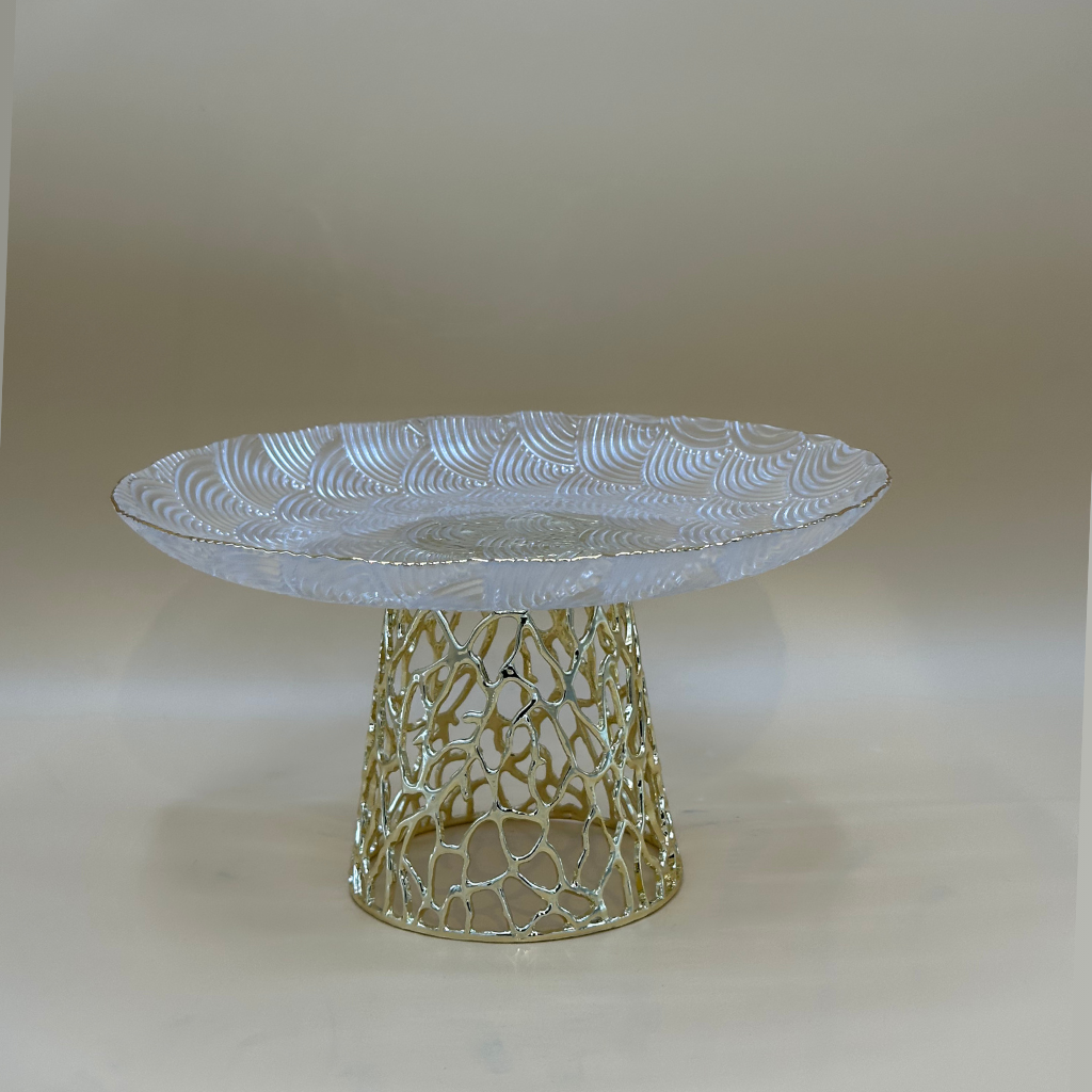 Elegant Wavy Textured Glass Cake Stands with Golden Filigree Base - Dessert Display Set