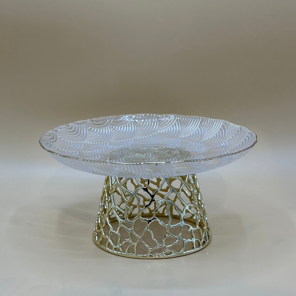 Elegant Wavy Textured Glass Cake Stands with Golden Filigree Base - Dessert Display Set