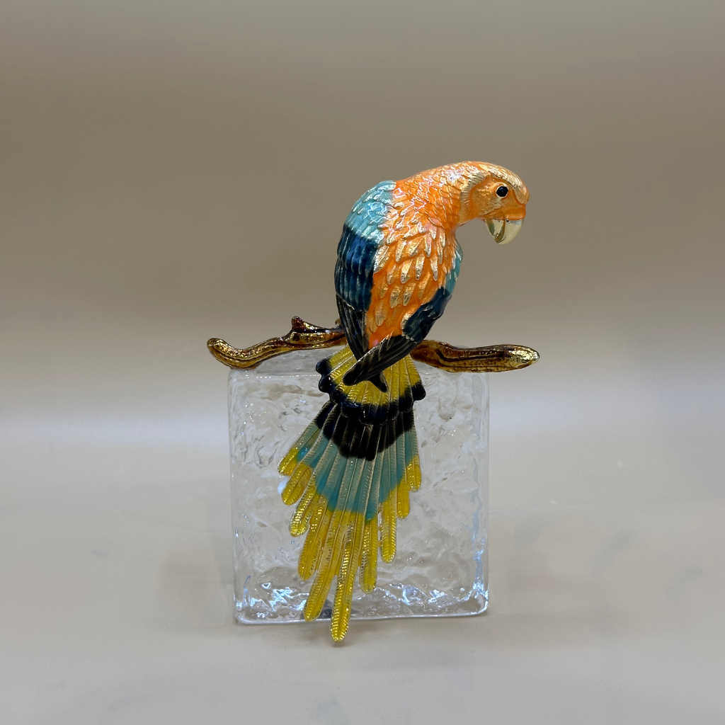 Vibrant Enamel Macaw Figurines on Clear Acrylic Blocks - Exotic Bird Sculpture Set