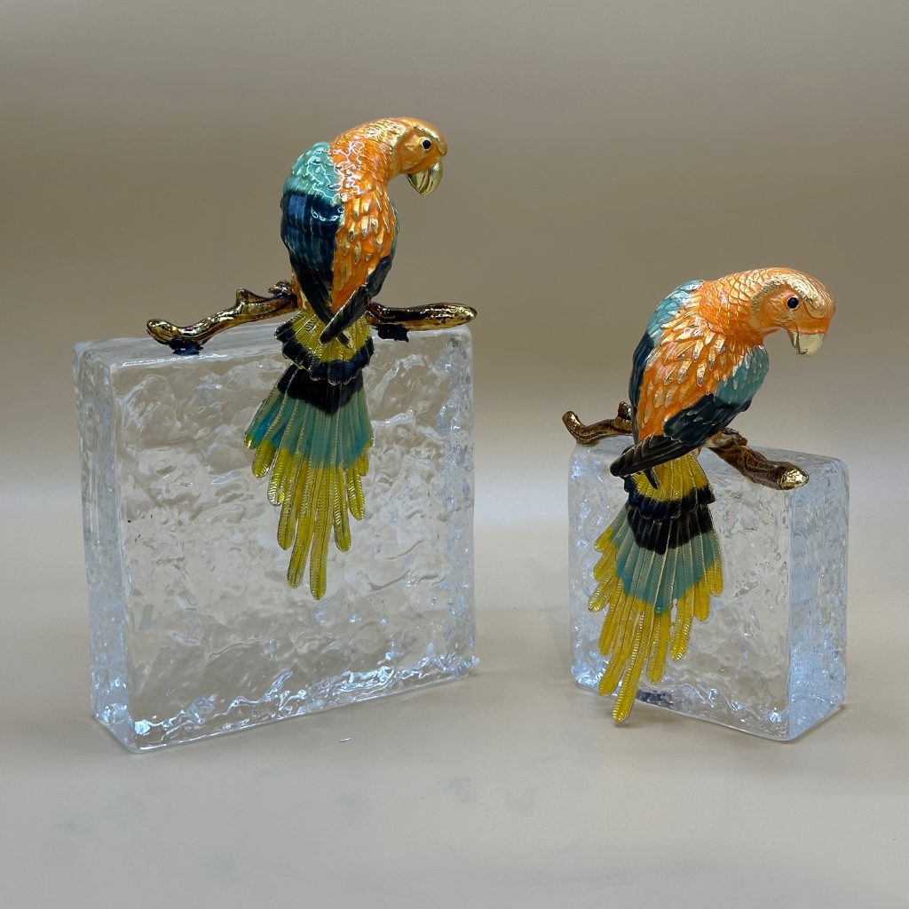 Vibrant Enamel Macaw Figurines on Clear Acrylic Blocks - Exotic Bird Sculpture Set