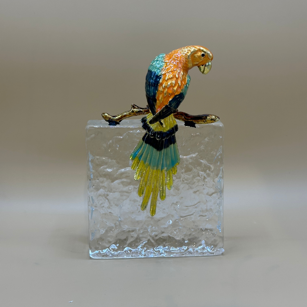 Vibrant Enamel Macaw Figurines on Clear Acrylic Blocks - Exotic Bird Sculpture Set