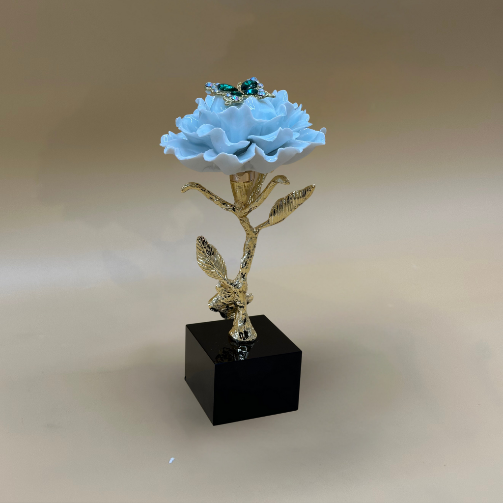 Enchanting Blue Crystal Rose Sculpture with Golden Stem & Gemstone Butterfly - Elegant Floral Decor