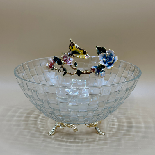 Elegant Woven-Texture Glass Fruit Bowl with Enamel Floral & Butterfly Handles - Golden Footed Centerpiece
