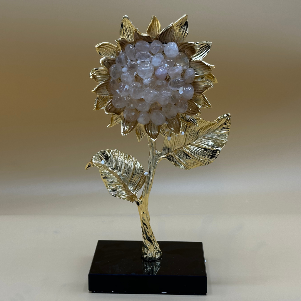 Radiant Golden Sunflower Sculpture with Rose Quartz Crystal Petals - Elegant Floral Decor