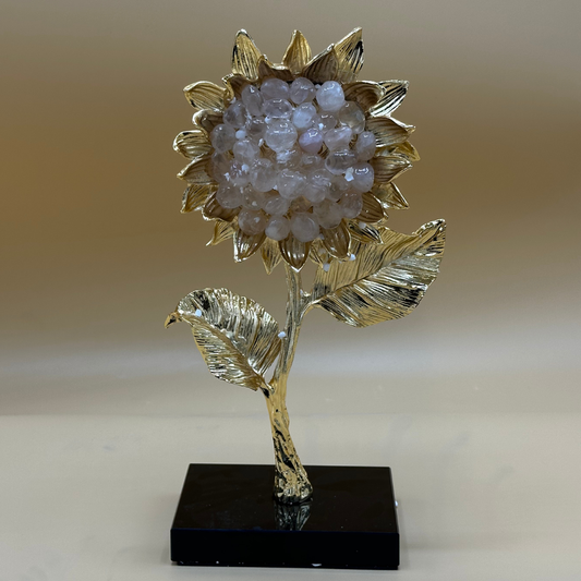 Radiant Golden Sunflower Sculpture with Rose Quartz Crystal Petals - Elegant Floral Decor