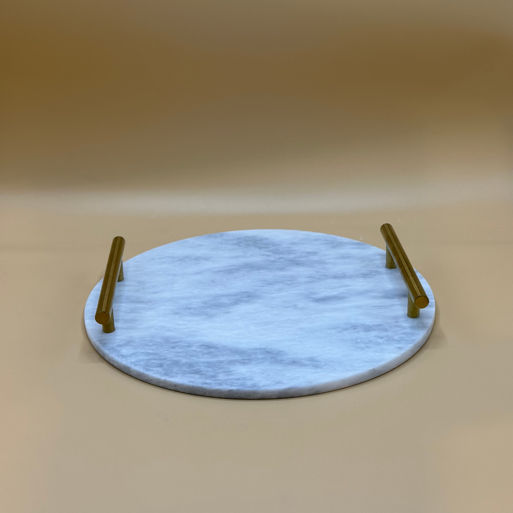 Luxurious Round Marble Serving Trays with Golden Handles