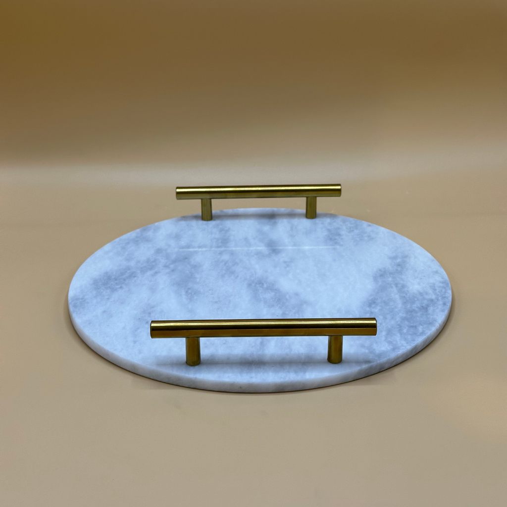 Luxurious Round Marble Serving Trays with Golden Handles