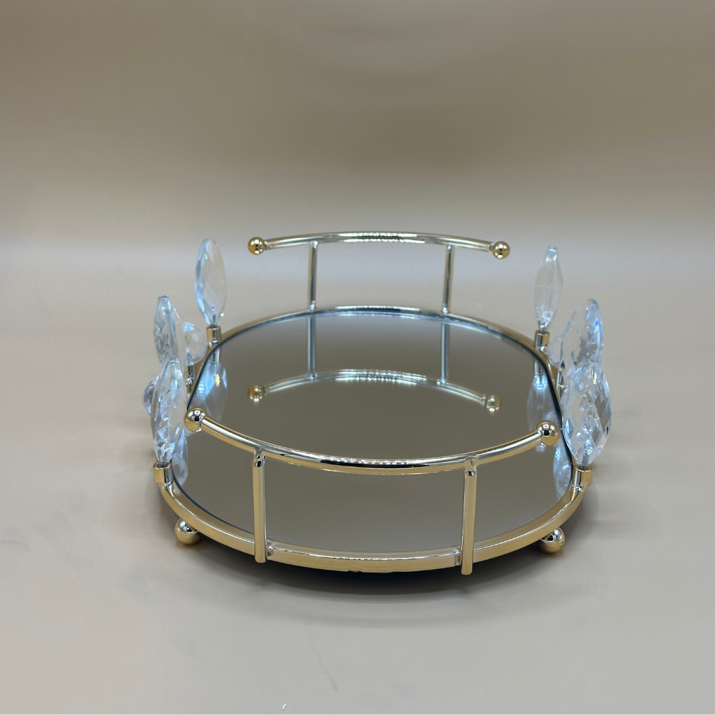 Luxurious Golden Mirrored Vanity Tray Set with Sparkling Crystal Accents - Elegant Round Display