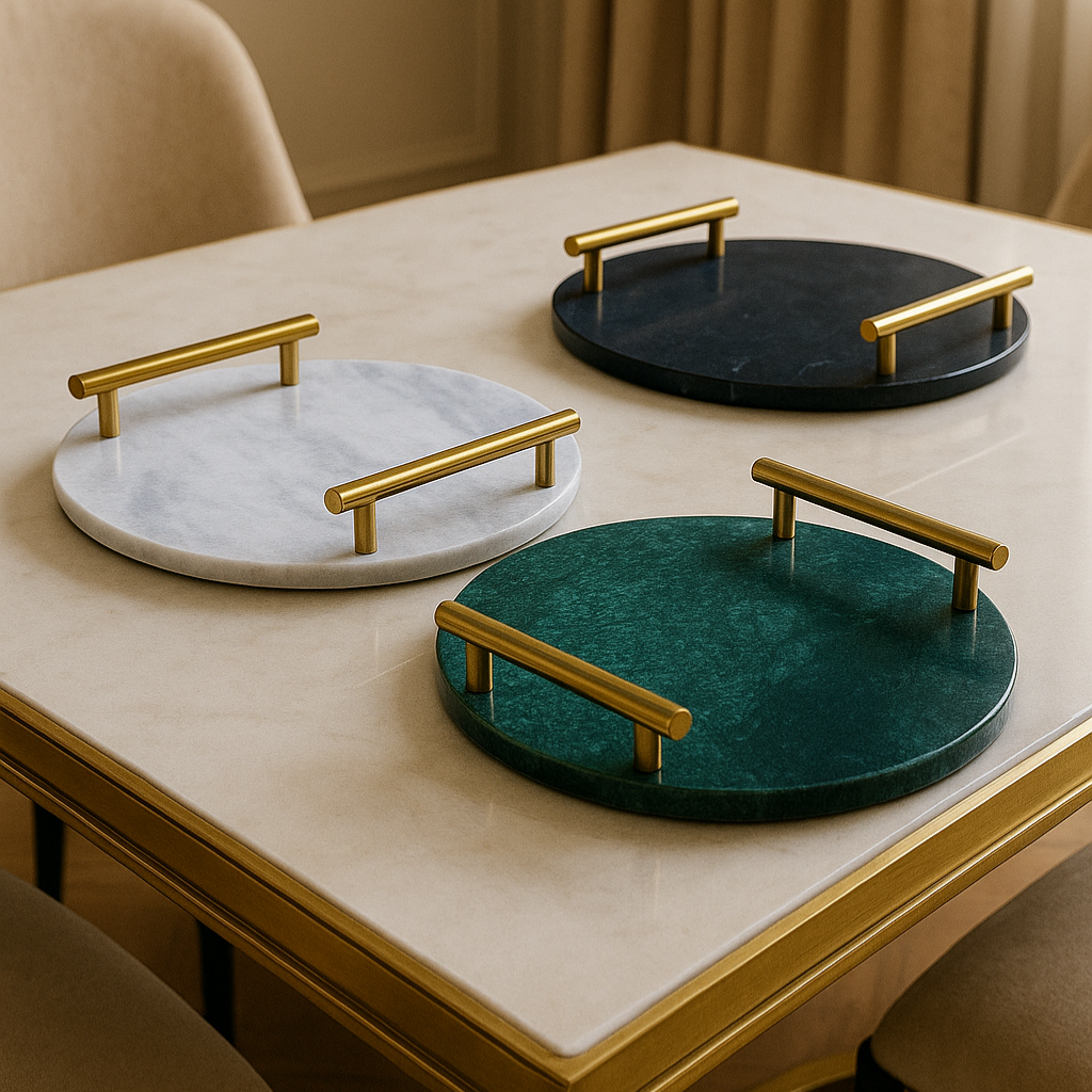 Luxurious Round Marble Serving Trays with Golden Handles