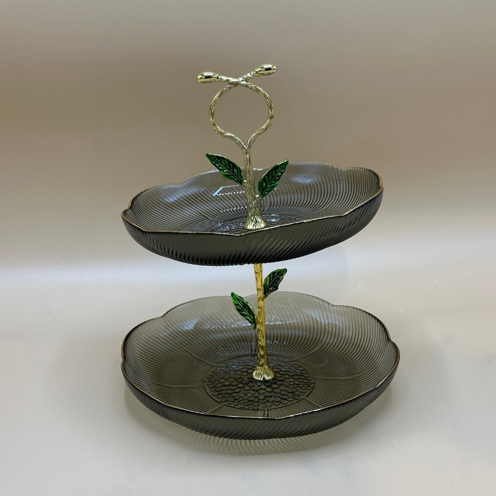 Elegant Two-Tier Fluted Glass & Golden Vine Server - Decorative Dessert & Appetizer Stand