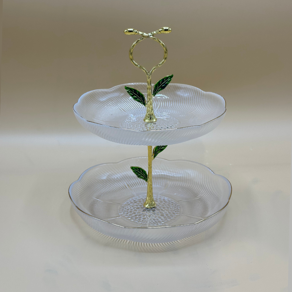 Elegant Two-Tier Fluted Glass & Golden Vine Server - Decorative Dessert & Appetizer Stand