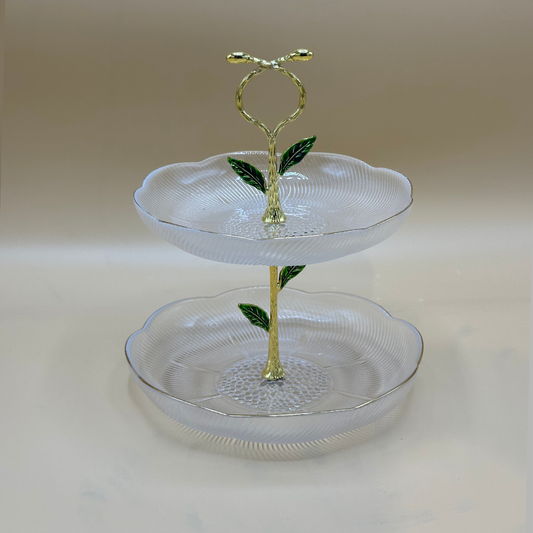 Elegant Two-Tier Fluted Glass & Golden Vine Server - Decorative Dessert & Appetizer Stand