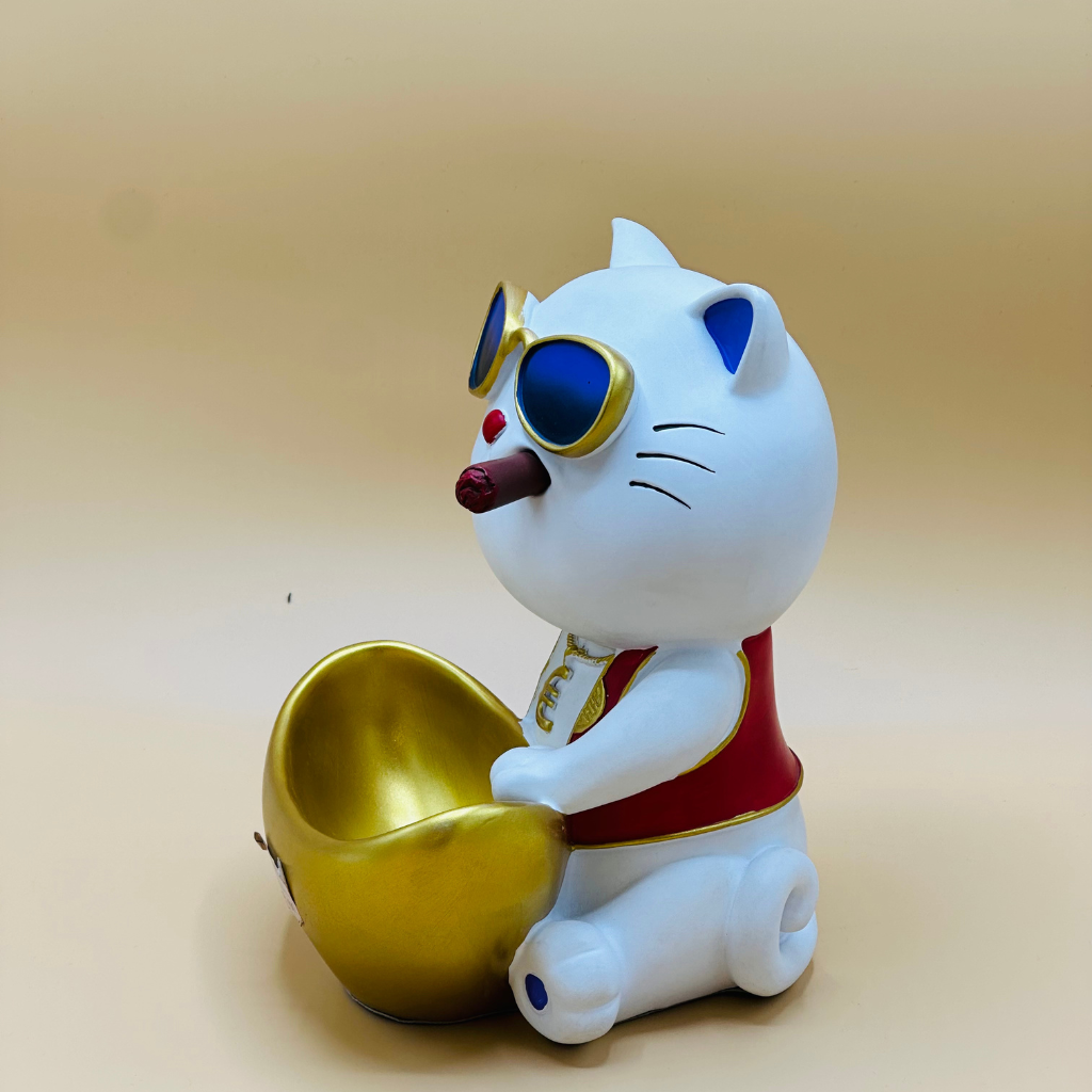 Lucky Cat Resin Statue with Sunglasses - Decorative Storage Tray