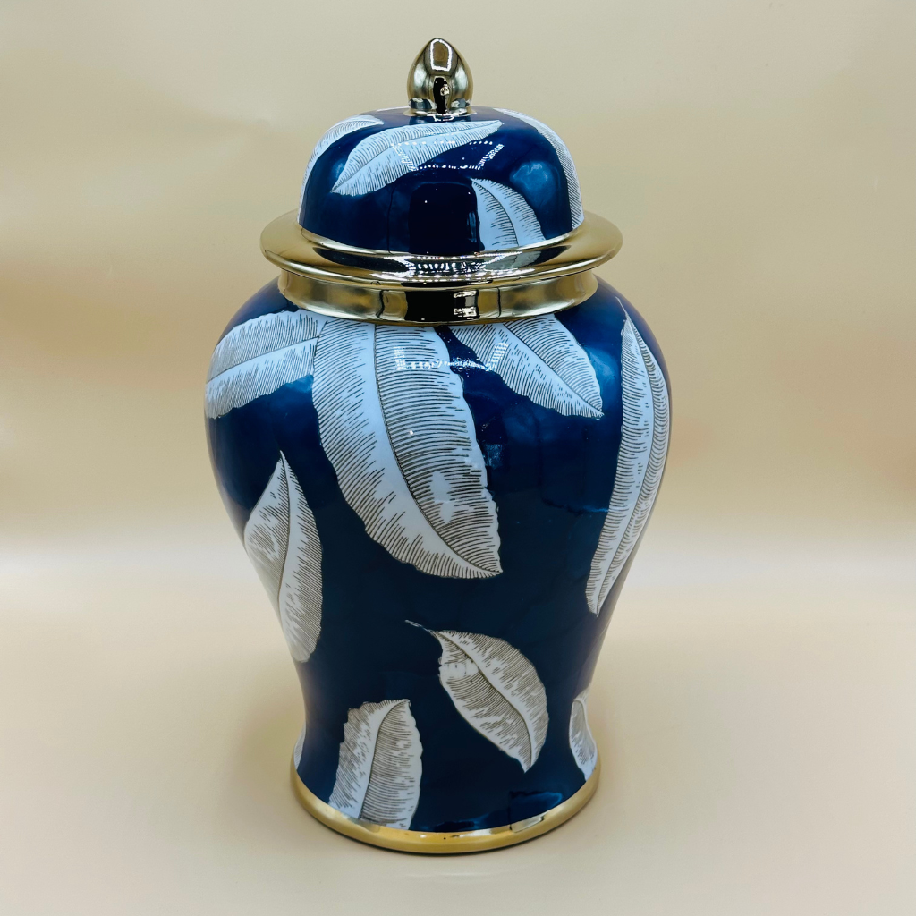 Elegant Teal & Gold Marbled Ceramic Ginger Jar with Lid - Decorative Urn