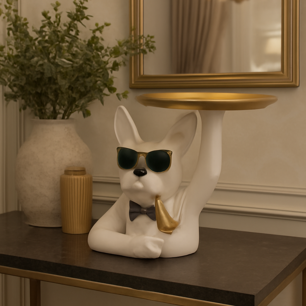 Chic French Bulldog Butler Figurine with Gold Tray