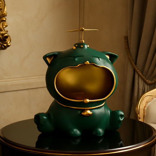Whimsical Green Cat Storage Box with Gold Interior - Decorative Organizer Figurine