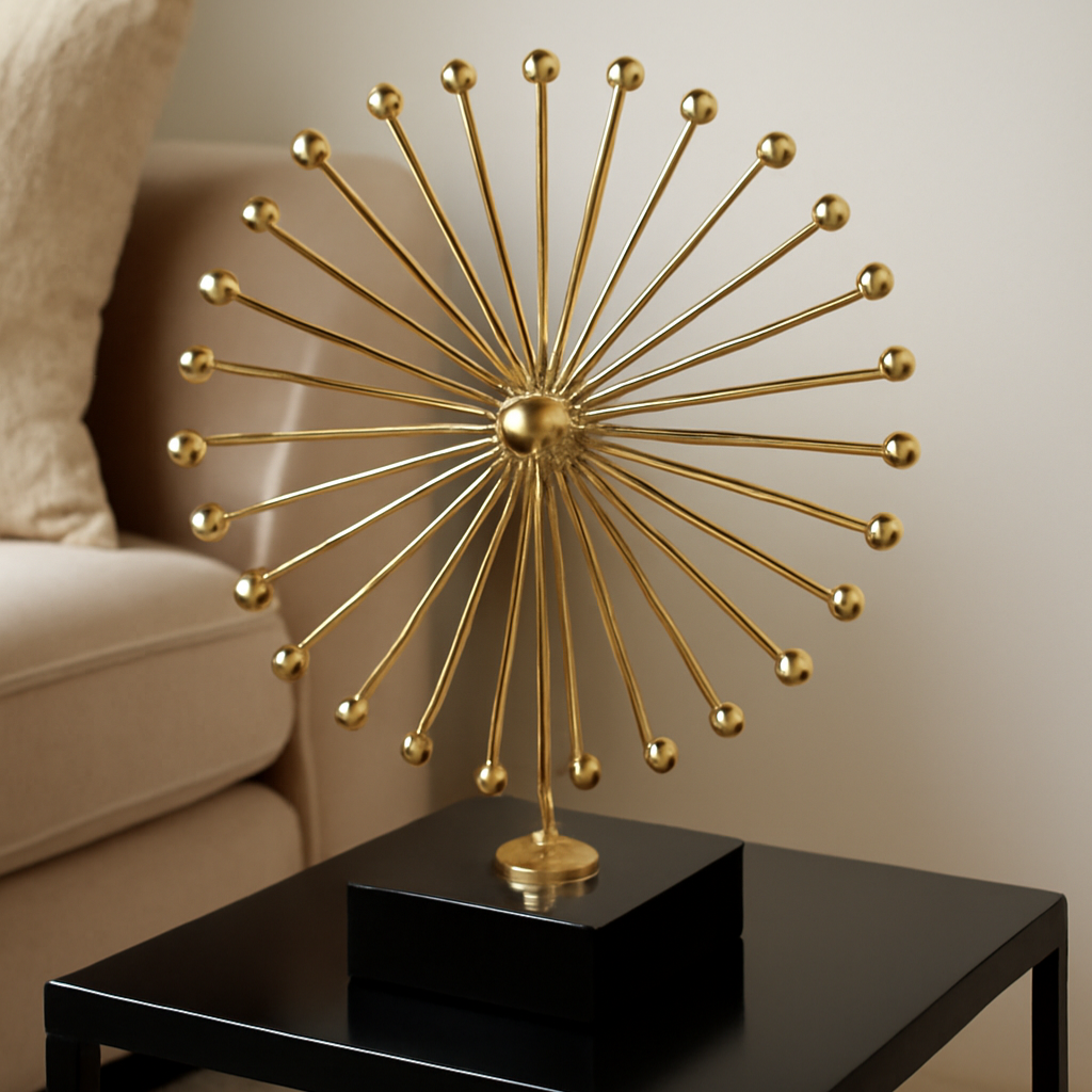 Modern Gold Metal Burst Sculpture on Black Base - Abstract Decorative Ornament