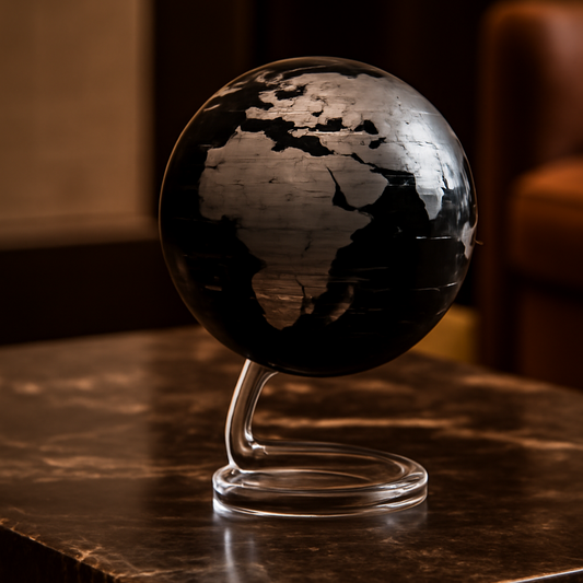 Modern Black & Silver World Globe on Clear Stand - Minimalist Desk Decor