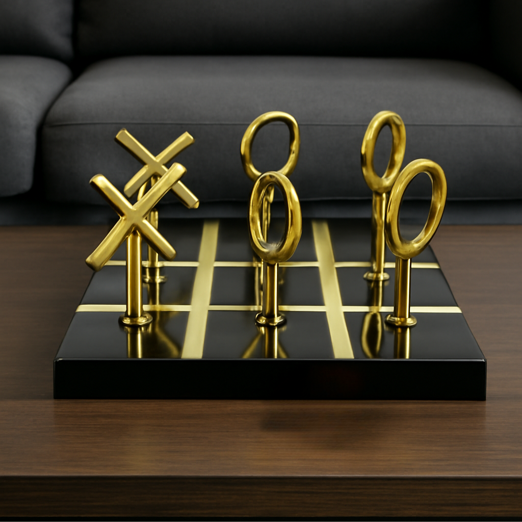 Elegant Gold Tic-Tac-Toe Game on Black & Gold Board - Decorative Tabletop Game