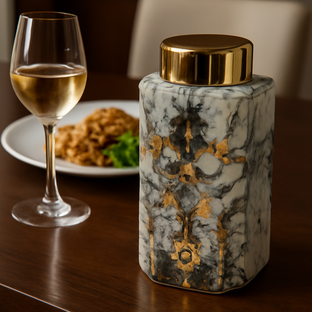 Elegant Marble Effect Ceramic Jar with Gold Horse Motifs & Lid - Decorative Canister