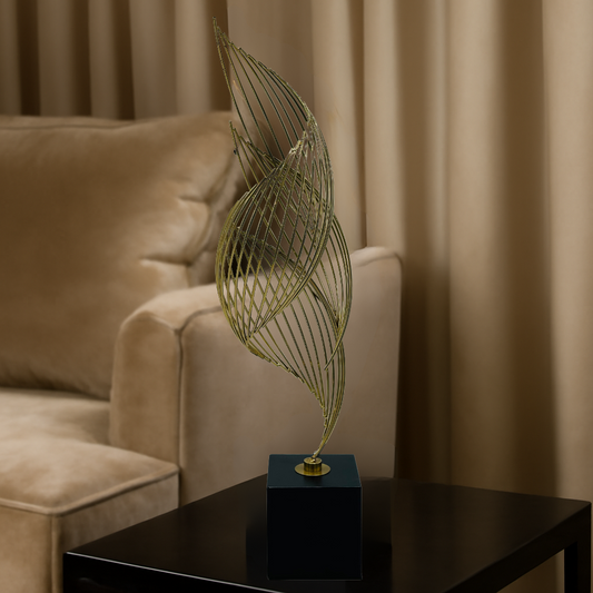 Modern Abstract Gold Wire Swirl Sculpture on Black Base - Contemporary Metal Art