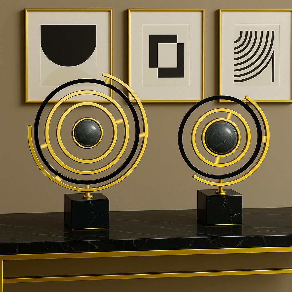 Modern Abstract Metal and Stone Globe Sculpture - Decorative Orbit Ornament