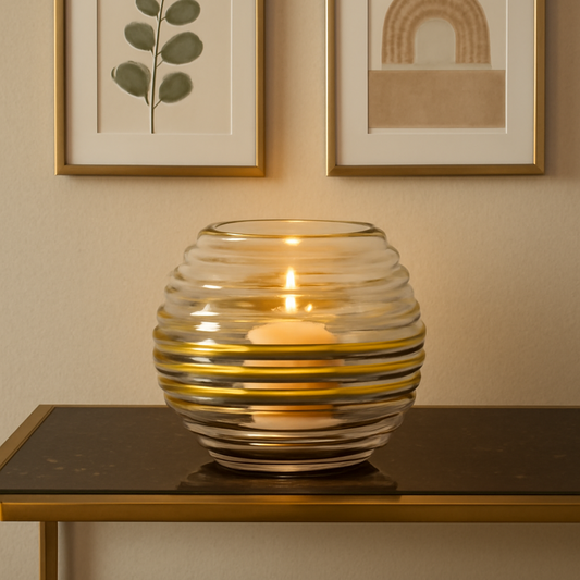 Elegant Clear Glass Votive Holder with Amber Gold Spirals - Hand Blown Candle Light