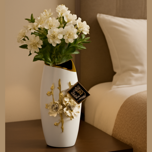 Elegant White Ceramic Vase with Raised Gold Floral Detail - Modern Decorative Vase