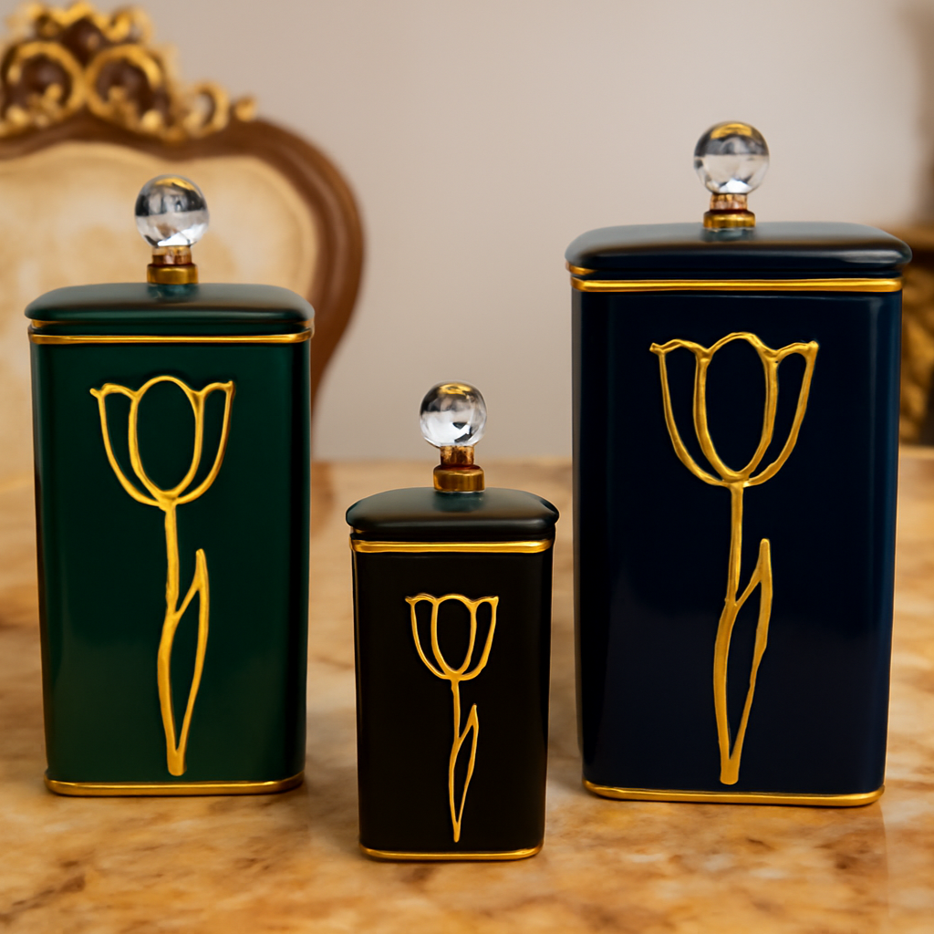 Elegant Tulip Design Ceramic Storage Jar with Crystal Knob Lid - Decorative Canister