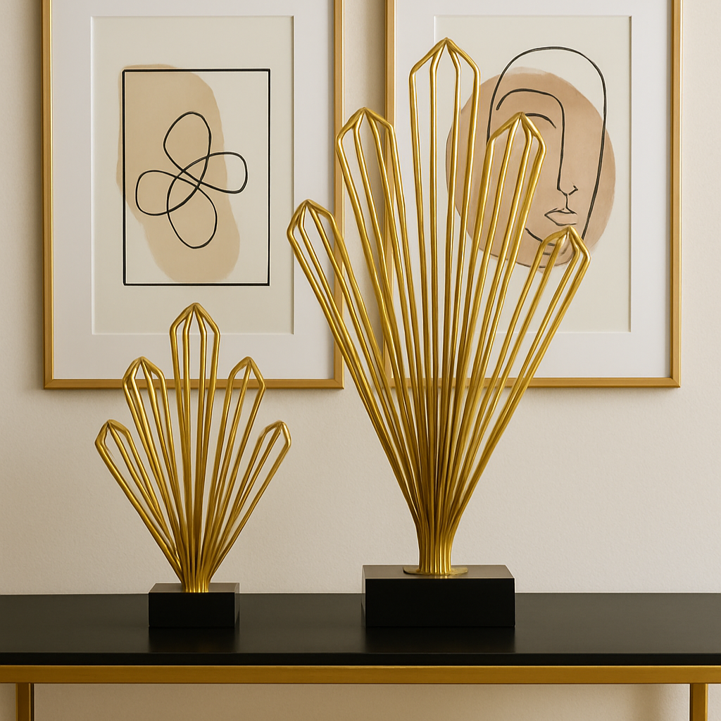 Modern Gold Wire Fan Sculpture on Black Base - Abstract Decorative Ornament
