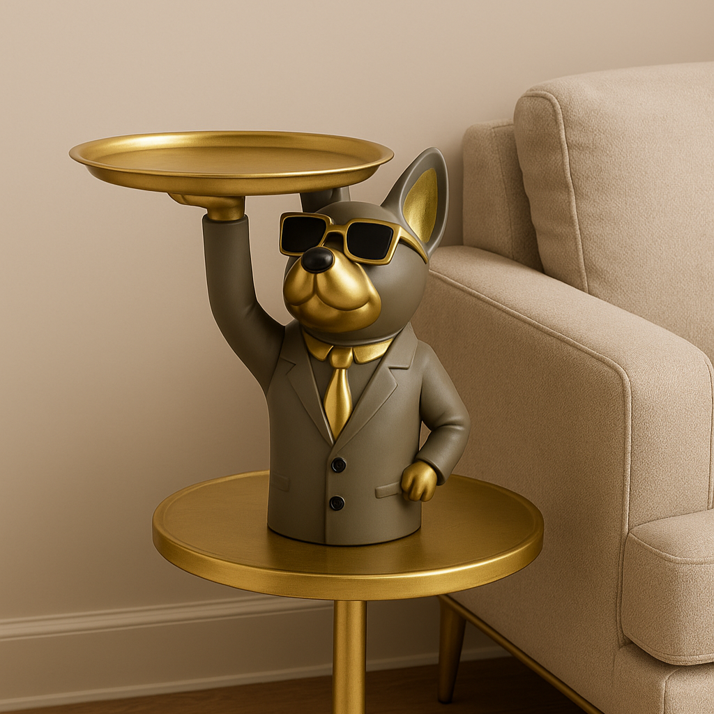 Sophisticated Dog Butler Sculpture with Gold Tray - Elegant Decorative Organizer