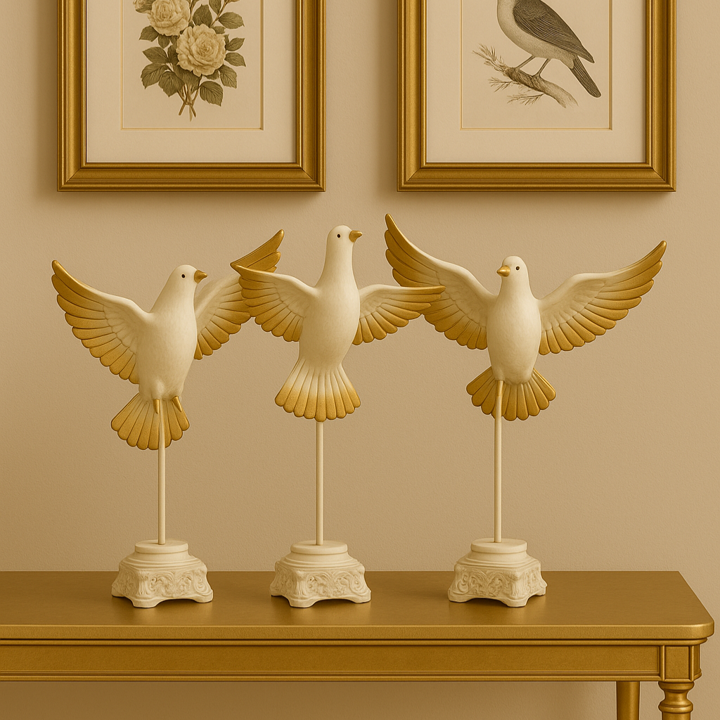 Set of 3 Elegant White & Gold Dove Sculptures - Symbol of Peace Decorative Figurines