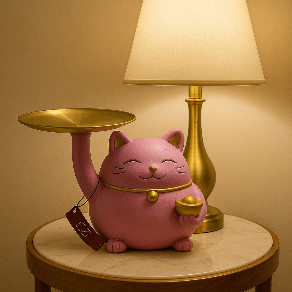 Pink Lucky Cat Serving Tray - Decorative Trinket Dish