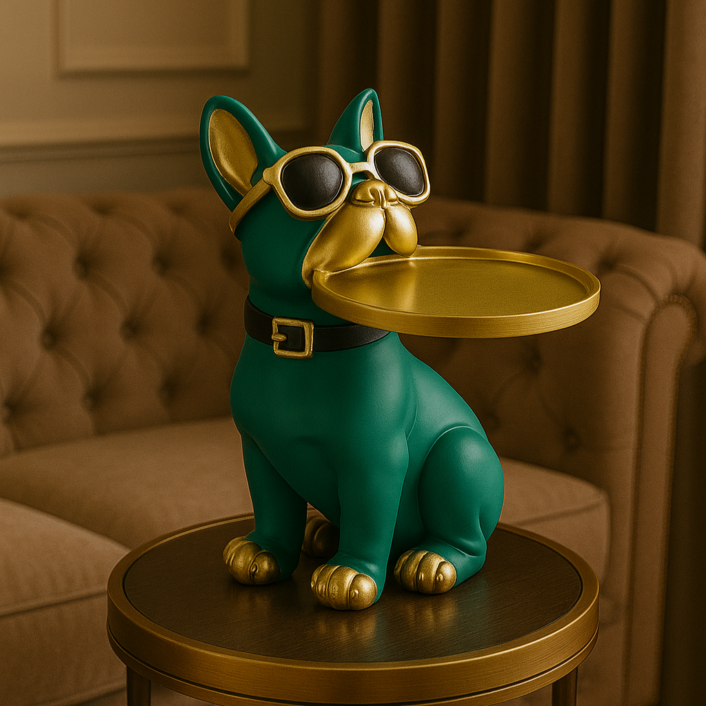 Cool Bulldog Butler Sculpture with Gold Tray - Fun Decorative Organizer