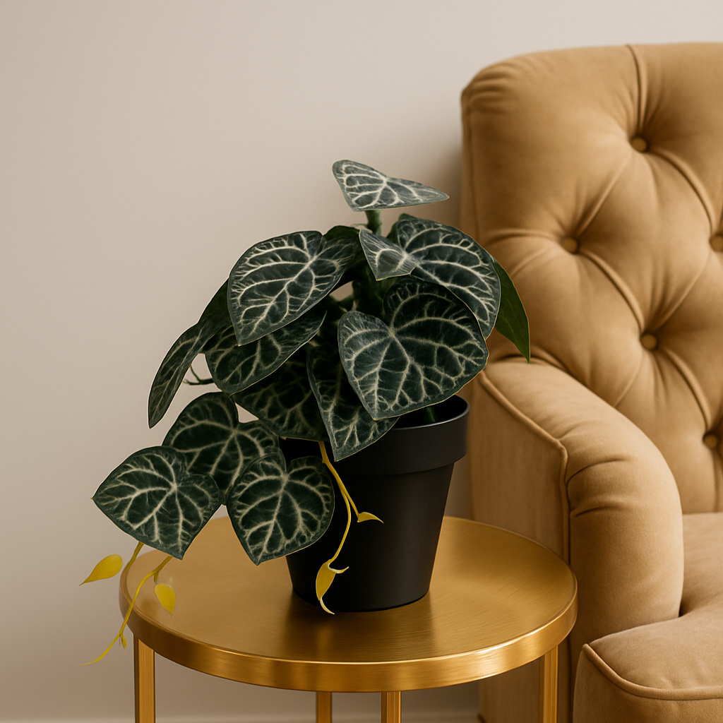 Realistic Artificial Piper Ornatum Plant in Black Pot