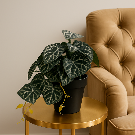 Realistic Artificial Piper Ornatum Plant in Black Pot