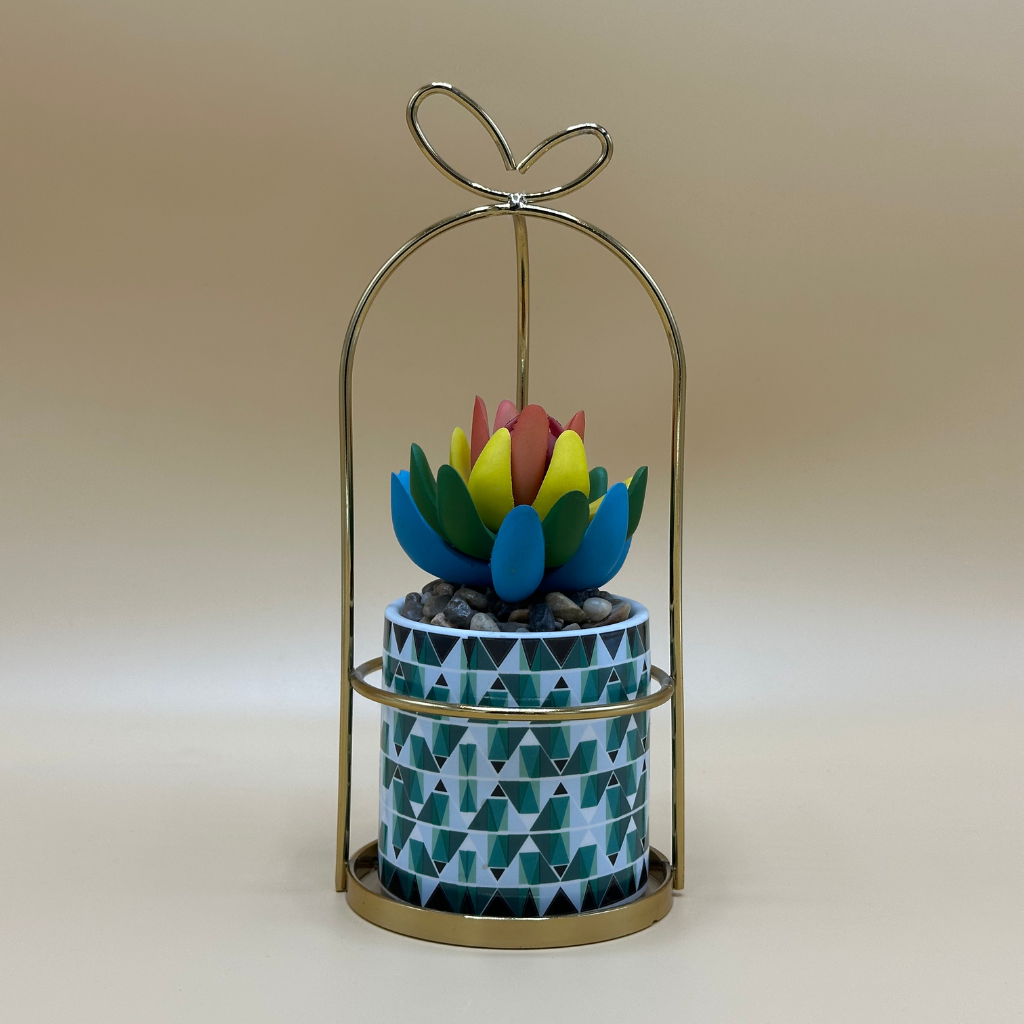 Modern Geometric Planter with Gold Metal Stand & Faux Succulent