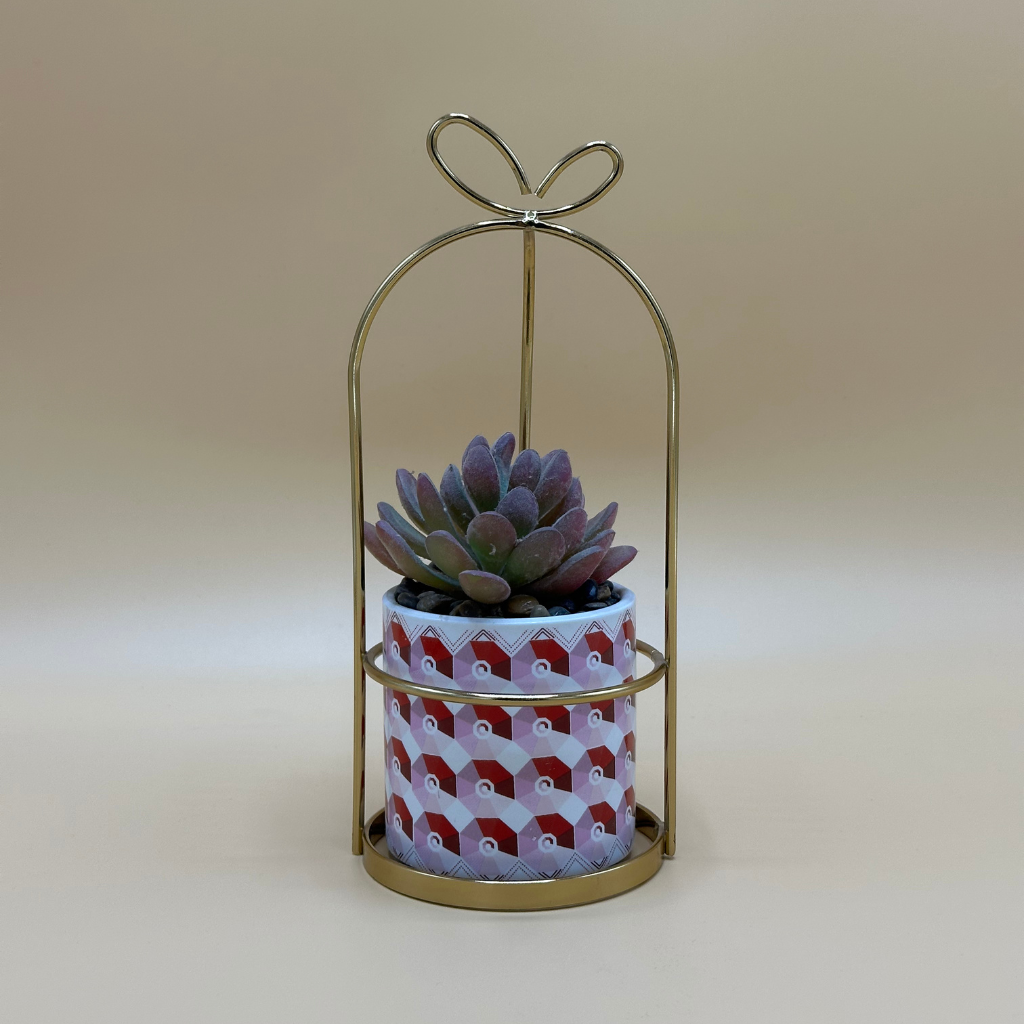Modern Geometric Planter with Gold Metal Stand & Faux Succulent